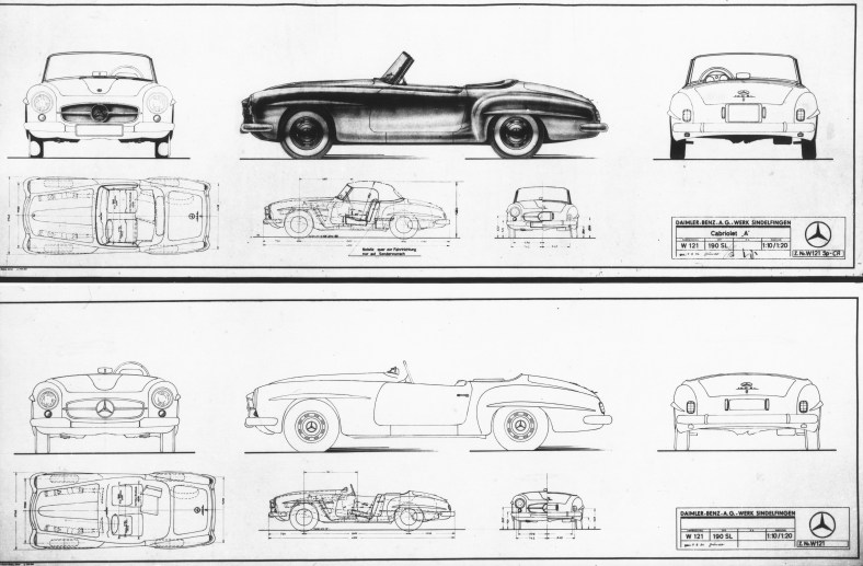 Mercedes-Benz 190 SL (W 121). Entwurfszeichnung vom 7. August 1954 von Walter Häcker, Chef-Karosseriekonstrukteur, zum Serienfahrzeug, das 1955 auf den Markt kam.