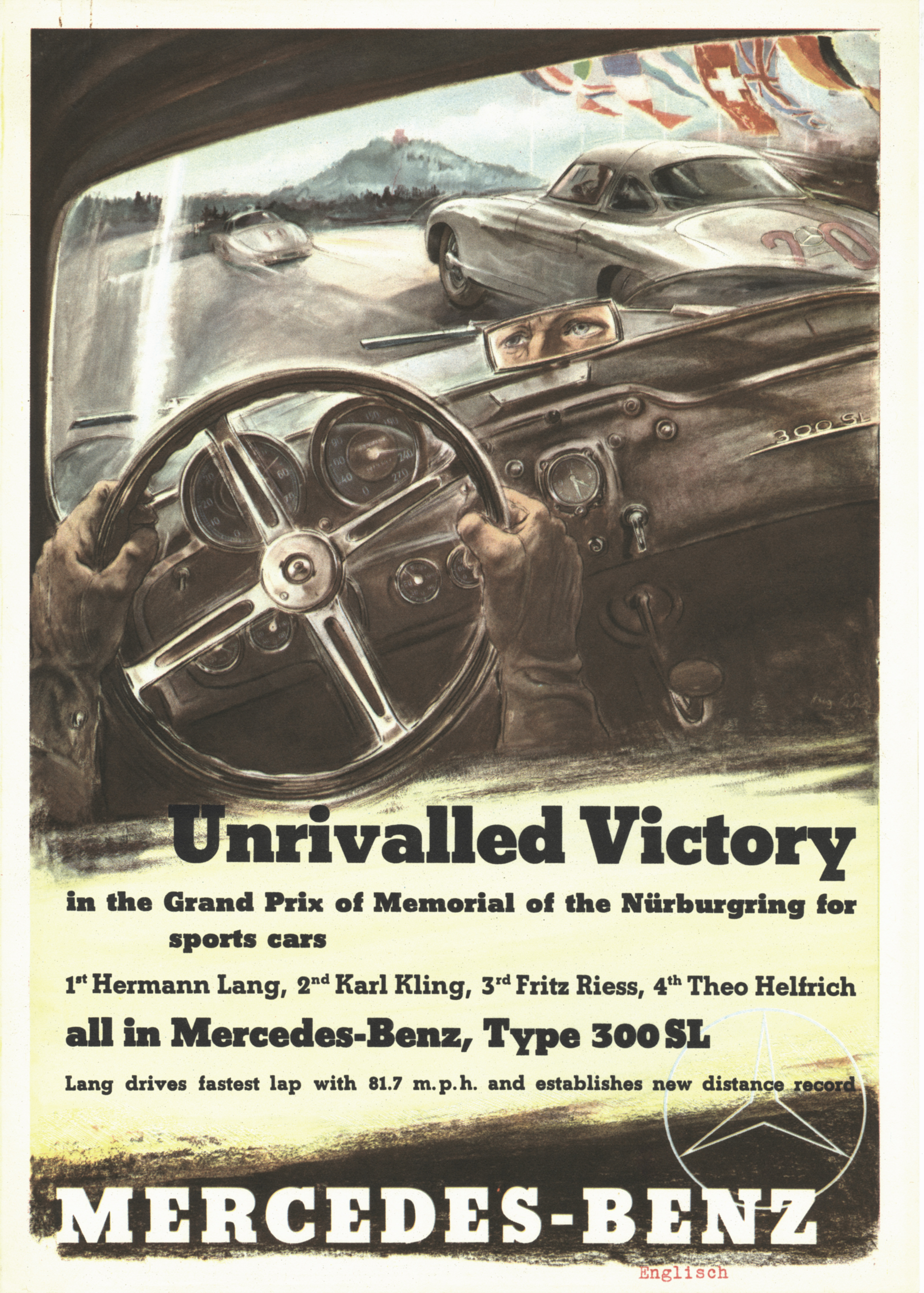 Großer Jubiläumspreis vom Nürburgring für Sportwagen, 3. August 1952. Rennplakat von Hans Liska, englische Ausführung.