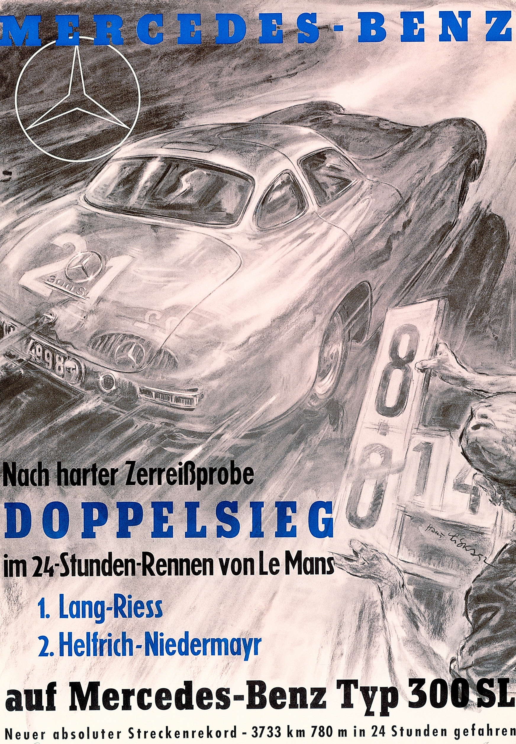 24 Stunden von Le Mans, 1952. Rennsportwagen Mercedes-Benz 300 SL (W 194). Rennplakat von Hans Liska.